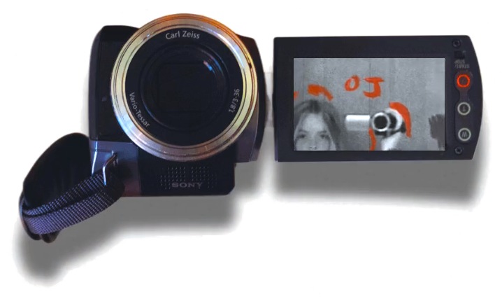 A camcorder with its screen open