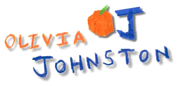 Olivia Johnston, with a pumpkin and a J drawn in crayon